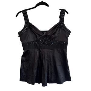 Vintage Y2K Black Beaded Studded Satin Pleated Tank Top USA Made Medium